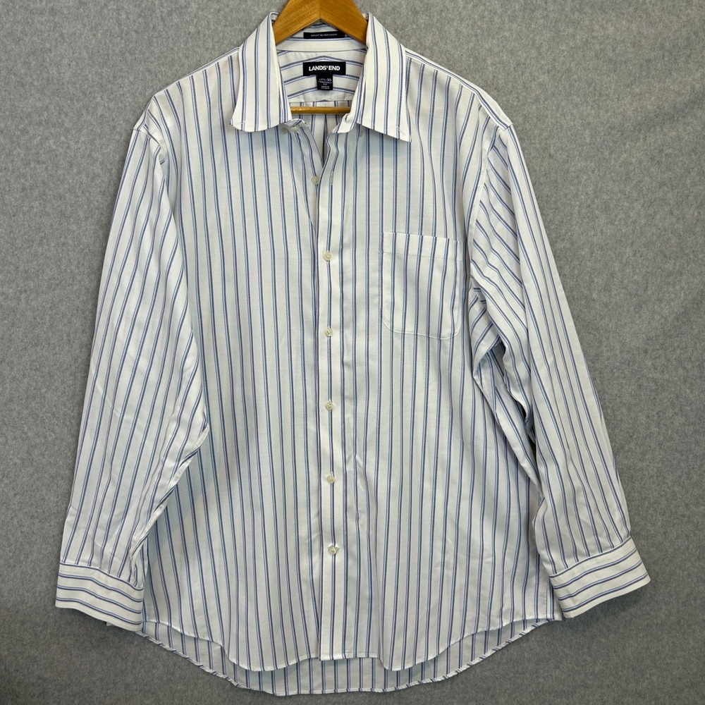 Lands End Dress Shirt Blue White Striped Supima Cotton No Iron Prep Mens 17.5-35
